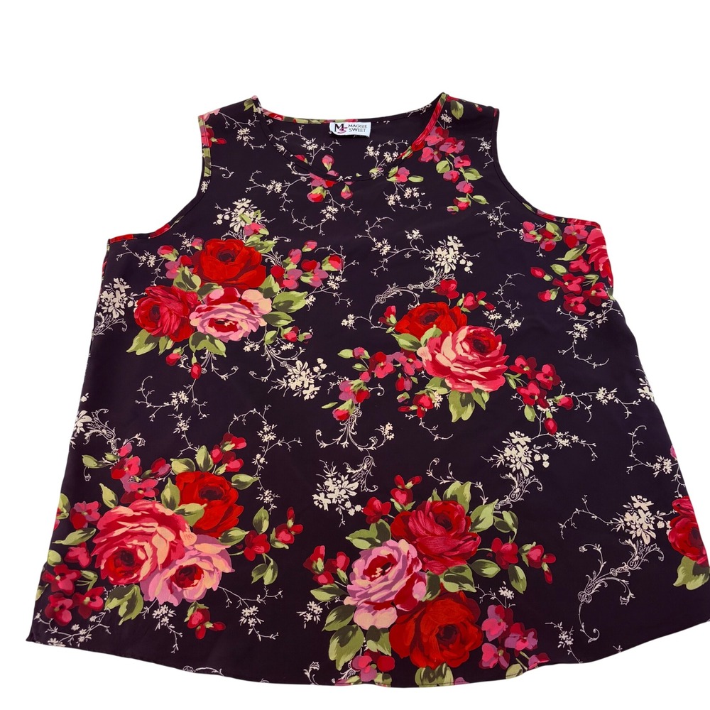 Maggie Sweet Black Red Rose Floral Tank Top Blouse Sleeveless Curved Hem XL